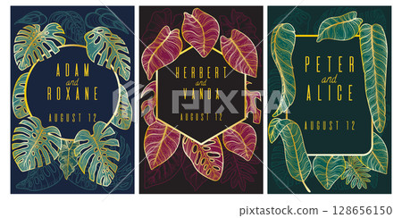Elegant tropical leaves. Black premium, golden botanical elements card design, frame floral. Luxury autumn wedding invitation template. Banana and monstera palm. Vector celebration with line pattern Elegant tropical leaves. Black premium, golden botanical elements card design, frame floral. Luxury autumn wedding invitation template. Banana and monstera palm. Vector celebration with line pattern 128656150