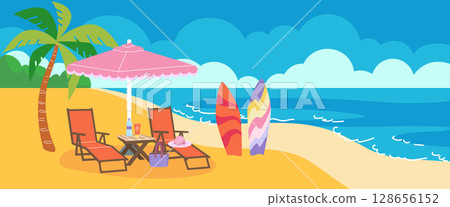 Summer beach. Cartoon resort seascape. Lounge chair and umbrella on seashore. Sunny sand. Sea waves. Cloudy sky. Tropical palm and surfboard. Ocean island vacation. Relax outdoor. Vector seaside view 128656152