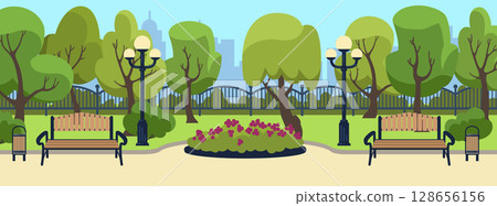 Park street. Urban background with bench and streetlights. Flowers and trees. Summer landscape. Grass lawn. Skyline city garden. Town nature. Outdoor seats with flashlights. Vector spring scenery view 128656156
