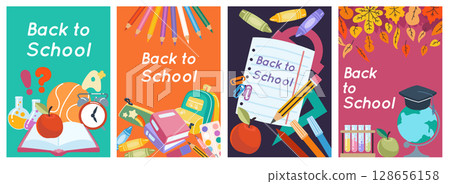 Back to school flyer. Kid book, notebook cover, supplies. Cute cartoon layout posters, backpack with stationery. Children border and frame design. Vector colorful sticker template cartoon isolated set Back to school flyer. Kid book, notebook cover, supplies. Cute cartoon layout posters, backpack with stationery. Children border and frame design. Vector colorful sticker template cartoon isolated set 128656158