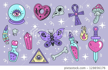 Tarot stickers. Funky eye, groovy moon. Vintage Halloween set. Retro space style. Graphic elements with witch, candle, mystic snake. Witch and wizard symbols. Vector cartoon tidy magic doodle set 128656176