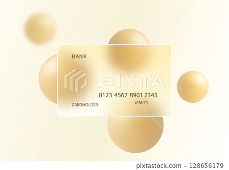 Glass morphism bank card mockup with golden spheres 128656179
