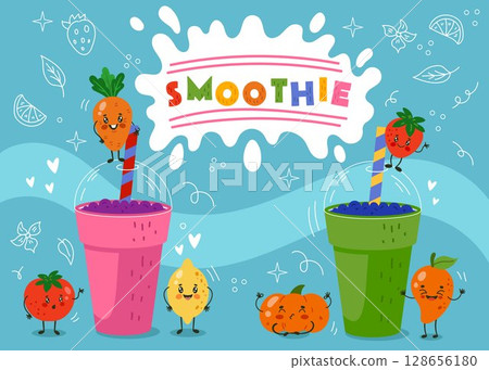Fruit smoothie cartoon. Happy juice face characters. Cute tomato and mango cocktail. Vegan carrot beverage glass with straw. Healthy drink. Joyful berry. Vegetarian fun food. Vector tidy kids poster 128656180