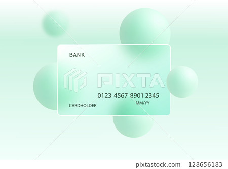Glassmorphism bank card mockup with mint green spheres Glassmorphism bank card mockup with mint green spheres 128656183