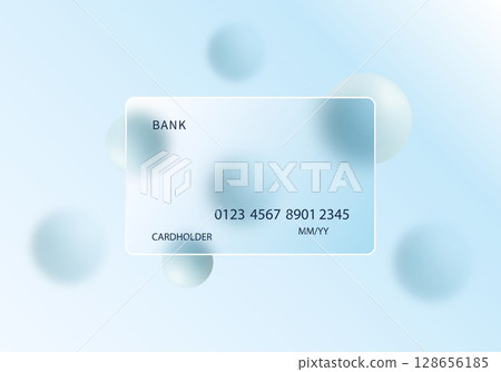 Glass morphism style bank card mockup with floating spheres Glass morphism style bank card mockup with floating spheres 128656185