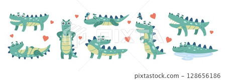 Cute crocodile. Alligator cartoon different actions. Jungle baby reptile, funny pose. Summer doodle zoo animal. Kids character nursery decoration, mascot drawing. Vector illustration tidy isolated set 128656186