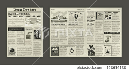 Old newspaper. Retro journal page. Vintage layout. Classic daily typography newsprint texture. Periodical press design template. Tabloid brochure. Reportage publishing. Vector mockup garish background Old newspaper. Retro journal page. Vintage layout. Classic daily typography newsprint texture. Periodical press design template. Tabloid brochure. Reportage publishing. Vector mockup garish background 128656188