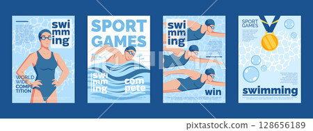 Swimming athlete motion. Abstract sport card design. Summer pool competition. Water action. Flat swim poster in geometric style. Swimmers championship award medal. Vector fitness garish banners set 128656189