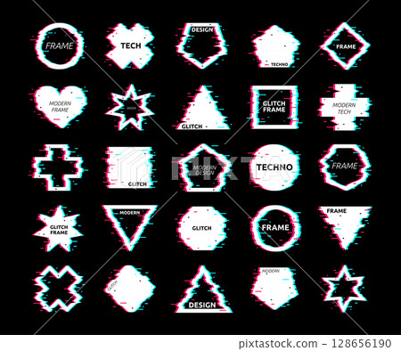 Glitch logo. Geometric shape with interference. Frame circle, square and cross with neon distortion. Musical border effect. Retro round texture. Design elements. Vector error garish sign isolated set Glitch logo. Geometric shape with interference. Frame circle, square and cross with neon distortion. Musical border effect. Retro round texture. Design elements. Vector error garish sign isolated set 128656190