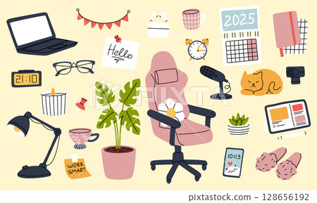 Freelance workspace. Interior cozy. Home office chair. Electronic gadgets, Indoor plant in flowerpot. laptop with camera and microphone. Planners book design cartoon. Vector remote work elements set 128656192
