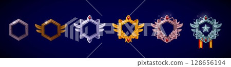Game icon. Level 3D badge. Hexagon shield border. Cartoon award. Fantasy laurel frame in bronze, gold and silver metal. Trophy medal with victory star. Game interface button. Vector tidy elements set 128656194