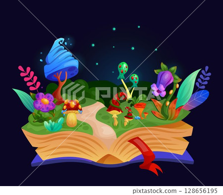 Magic open book. Fairy tale forest. Mystical mushroom and flower. Fantasy world. Kids imaginary story. Bright neon light. Fabulous meadow. Purple blossom. Imagination literature. Vector tidy cartoon 128656195