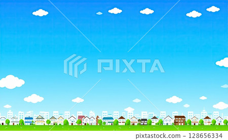 AI image: Illustration of a residential area with a blue sky 128656334