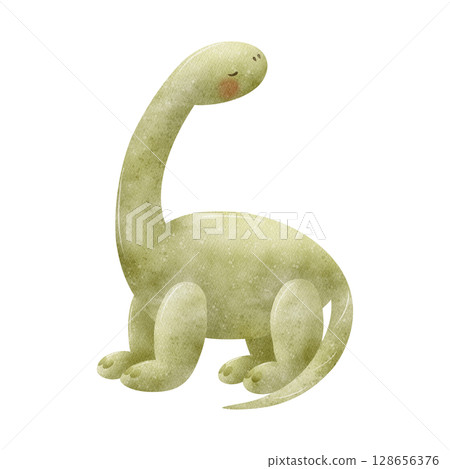 Dinosaur with long neck Mamenchisaurus animal green color. Watercolor illustration in children's style hand drawn. Cute dino on isolated background for nursery design, postcard, poster, party birthday Dinosaur with long neck Mamenchisaurus animal green color. Watercolor illustration in children's style hand drawn. Cute dino on isolated background for nursery design, postcard, poster, party birthday 128656376