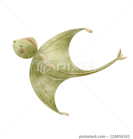 Illustration watercolor flying dinosaur pterosaur green color, predatory animal in children's style hand drawn. Drawing on isolated background for nursery design, stickers, postcard poster decor party Illustration watercolor flying dinosaur pterosaur green color, predatory animal in children's style hand drawn. Drawing on isolated background for nursery design, stickers, postcard poster decor party 128656381
