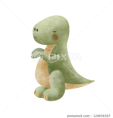 Dinosaur Tyrannosaurus rex animal of jurassic period, green color. Illustration predator watercolor in children's style hand drawn. Element on isolated background for design nursery, postcard, poster Dinosaur Tyrannosaurus rex animal of jurassic period, green color. Illustration predator watercolor in children's style hand drawn. Element on isolated background for design nursery, postcard, poster 128656387