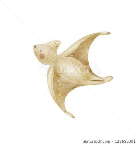 Cute flying dinosaur pterosaur, predatory animal beige. Watercolor illustration in children's style hand drawn. Drawing on isolated background for nursery design, stickers, postcard, poster, birthday 128656391