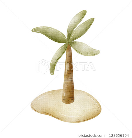 Watercolor illustration of island with palm tree, tropical tree on shore hand drawn on isolated background for kids room design, stickers, dinosaur cards, beach attribute Watercolor illustration of island with palm tree, tropical tree on shore hand drawn on isolated background for kids room design, stickers, dinosaur cards, beach attribute 128656394
