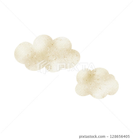 Clouds beige watercolor illustration sky light easy hand drawn in simple childish style on isolated background for baby cards design, dinosaur party decor, invitations 128656405