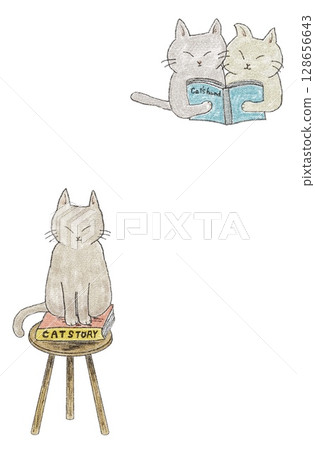 A cat reading a book and a cat sitting on a chair A cat reading a book and a cat sitting on a chair 128656643