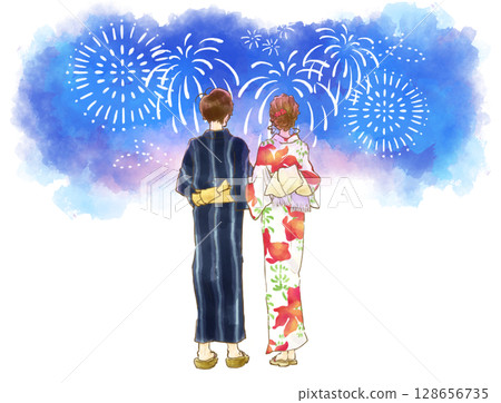 Watercolor painting of a man and woman watching fireworks 128656735