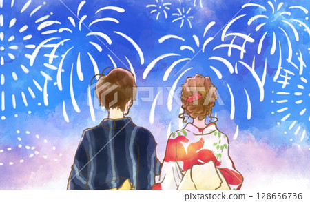 Men and women in yukata watching fireworks 128656736