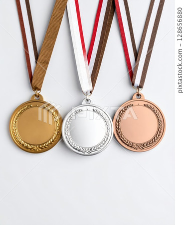 AI image: Gold, silver and bronze medals on a white background 128656880