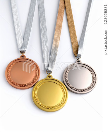 AI image: Gold, silver and bronze medals on a white background 128656881