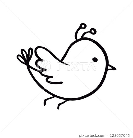 Simple Black and White Cartoon Drawing of a Bird with Antennae Simple Black and White Cartoon Drawing of a Bird with Antennae 128657045