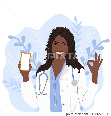 African american cardiologist shows mobile phone for consultation. African american cardiologist shows mobile phone for consultation. 128657101