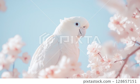 Beautiful white parrot surrounded by soft spring blossoms 128657151