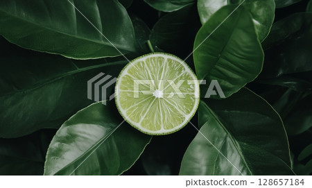 Fresh lime slice surrounded by vibrant green leaves 128657184