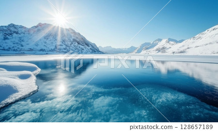 Frozen lake with snowy mountain landscape 128657189