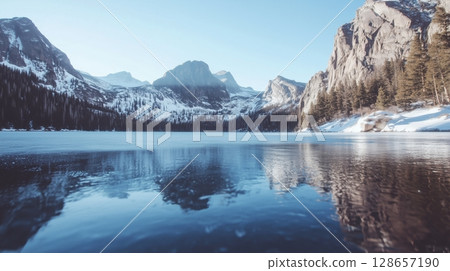 Frozen lake with snowy mountain landscape 128657190