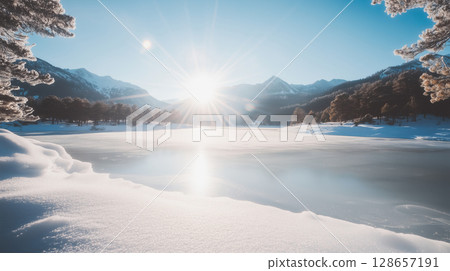 Frozen lake with snowy mountain landscape 128657191
