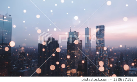 Futuristic cityscape with glowing skyscrapers 128657192