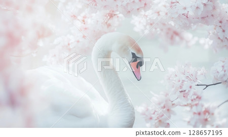 Graceful swan surrounded by delicate pink 128657195