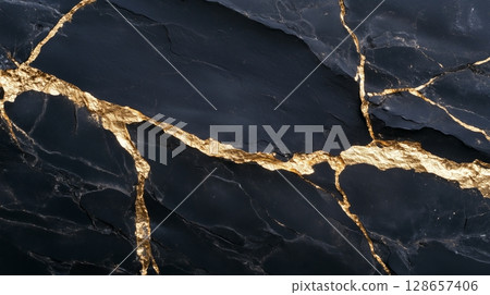 Cracked black slate stones with golden veins 128657406