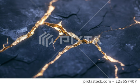 Cracked black slate stones with golden veins 128657407