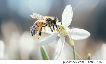Macro shot of a working bee collecting pollen 128657466