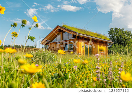 Wooden eco-cabin with green roof nestled in blooming meadow under bright blue sky, representing sustainable tourism and ecological living. Concept of local travel, nature, and eco-friendly retreats 128657513