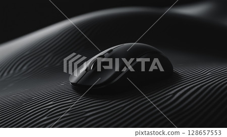 Sleek black wireless computer mouse on textured 128657553