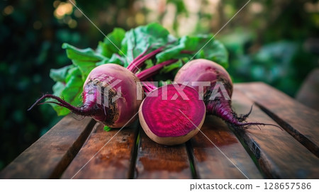 Three juicy fresh beets with stems on a wooden table 128657586