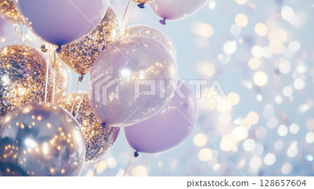 Vibrant purple and gold balloons with bokeh lights Vibrant purple and gold balloons with bokeh lights 128657604