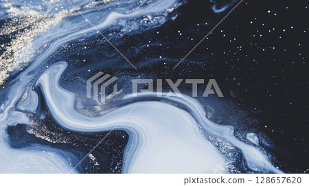 Abstract cosmic swirl with deep blue and white marble texture 128657620