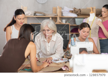 Fellow clothing designers collaborating on order in workshop 128657970