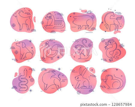 Chinese horoscope zodiac signs collection, geometric linear minimalist style with color gradient Chinese horoscope zodiac signs collection, geometric linear minimalist style with color gradient 128657984