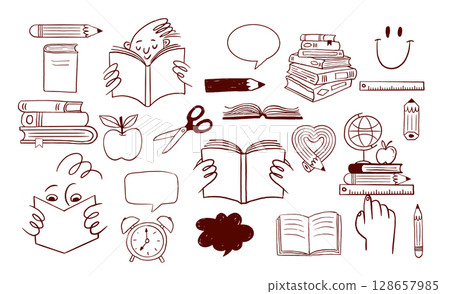 Back to school black and white hand-drawn illustrations collection. Books and school supplies 128657985
