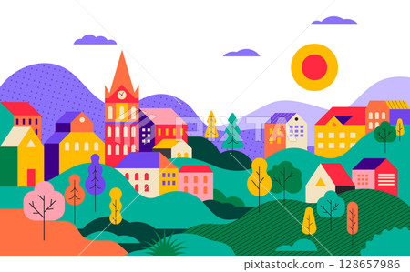 Colorful Countryside Landscape. Scenic Village with Hills, Trees, and Traditional Houses. 128657986