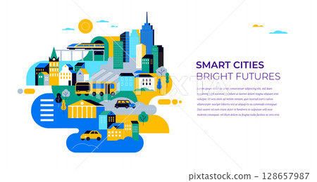 Smart City Concept Illustration. Modern Cityscape with People, Transportation, and Skyscrapers. 128657987